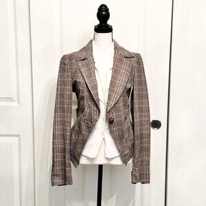 Fornarina Women's Brown Plaid Cotton Blazer Jacket with Pockets, Size S